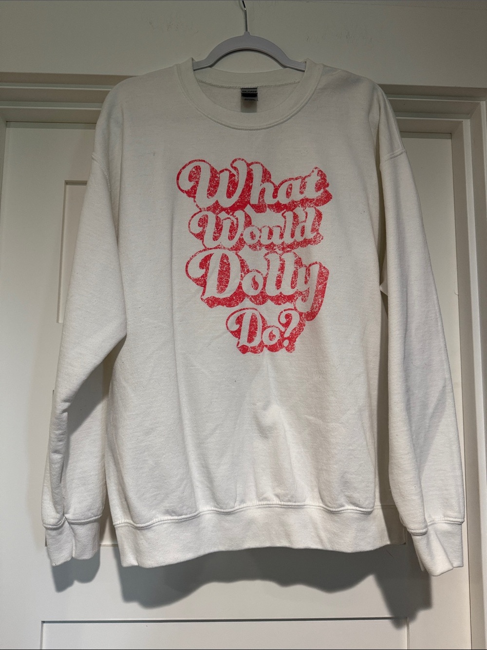 NWOT Gildan White Crewneck Sweatshirt with Pink Script Graphic